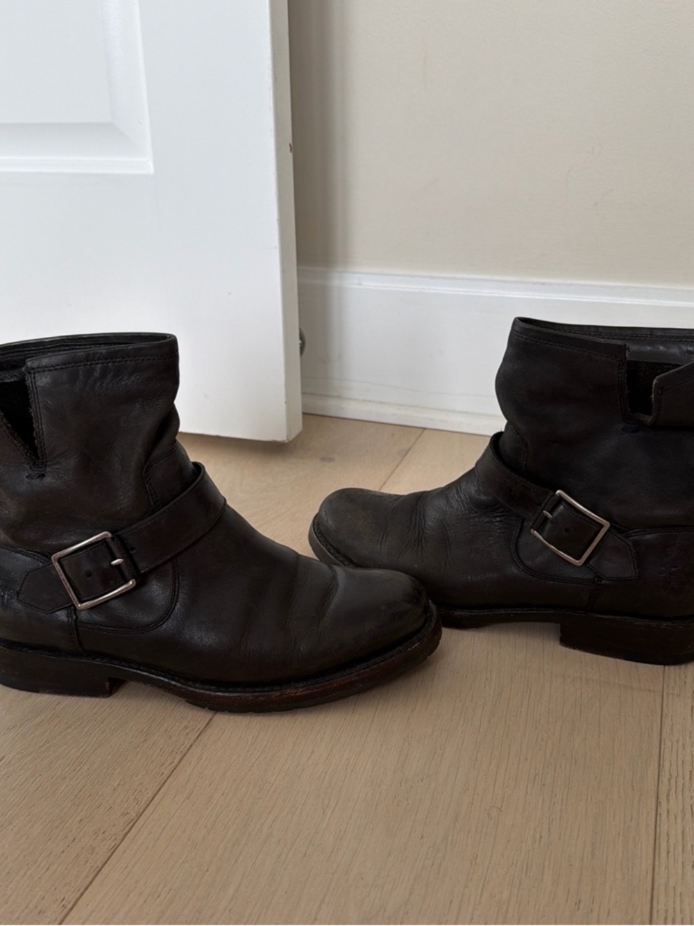 Frye Women’s Black Leather Ankle Biker Boots - Classic Buckle Style
